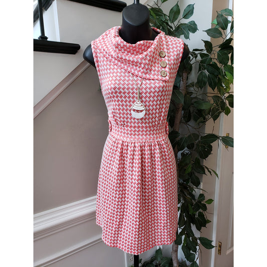 Womens Fit & Flare Dress Large White Pink Checked Polyester Cowl Neck Sleeveless