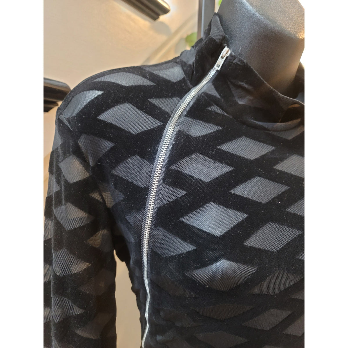 Bodycon Dress Womens Small Black Sheer Geometric Long Sleeve Cocktail Party