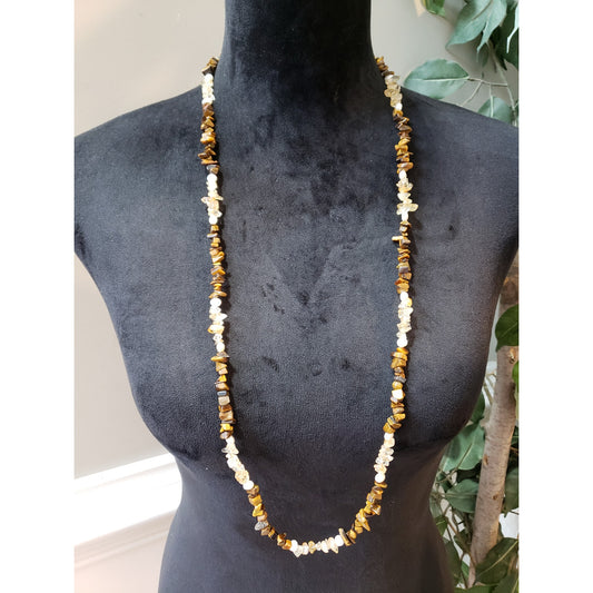 Women's Tiger Eye Beaded Necklace with Crystal Pearl Accents Lobster Clasp