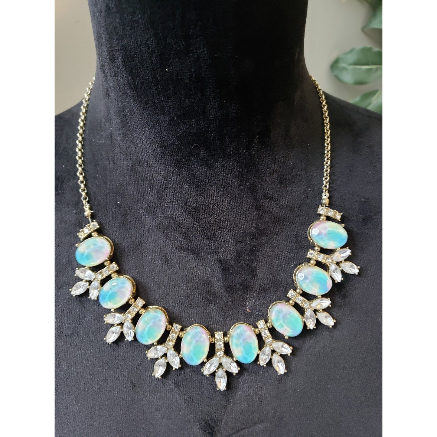Women's Opal Statement Necklace White Crystal Gold Chain Lobster Clasp Elegant