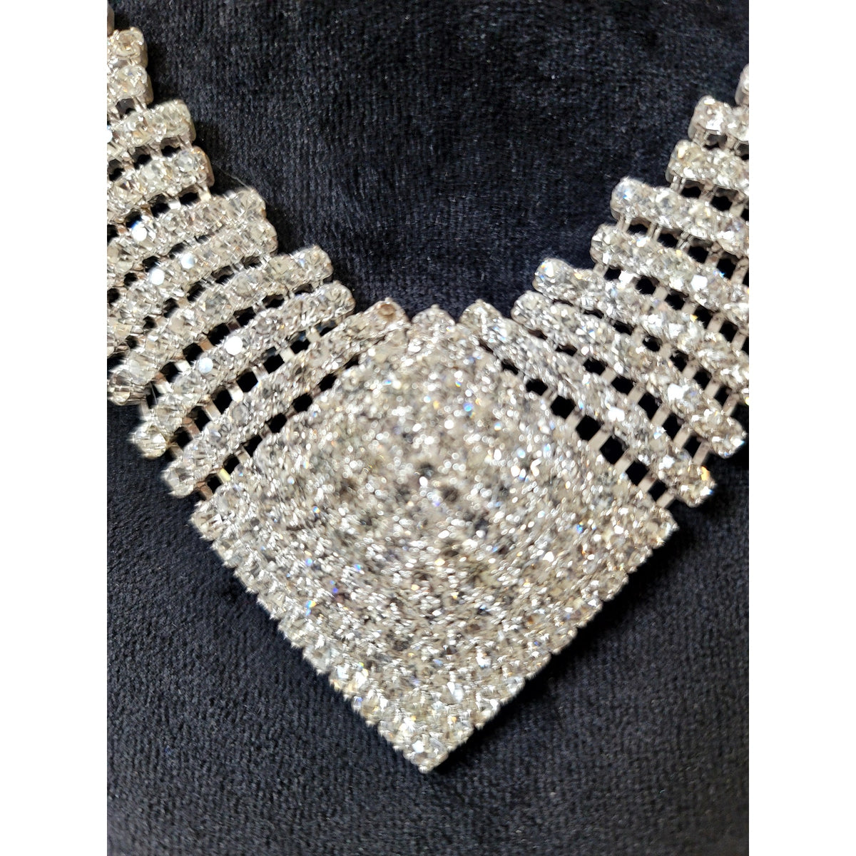 Vintage Rhinestone Statement Necklace & Earring Set Silver Tone Bridal Glam