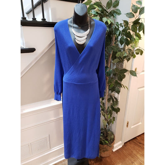 Womens Blue Solid Viscose V-Neck Long Sleeve Casual Long Maxi Dress Size X-Large