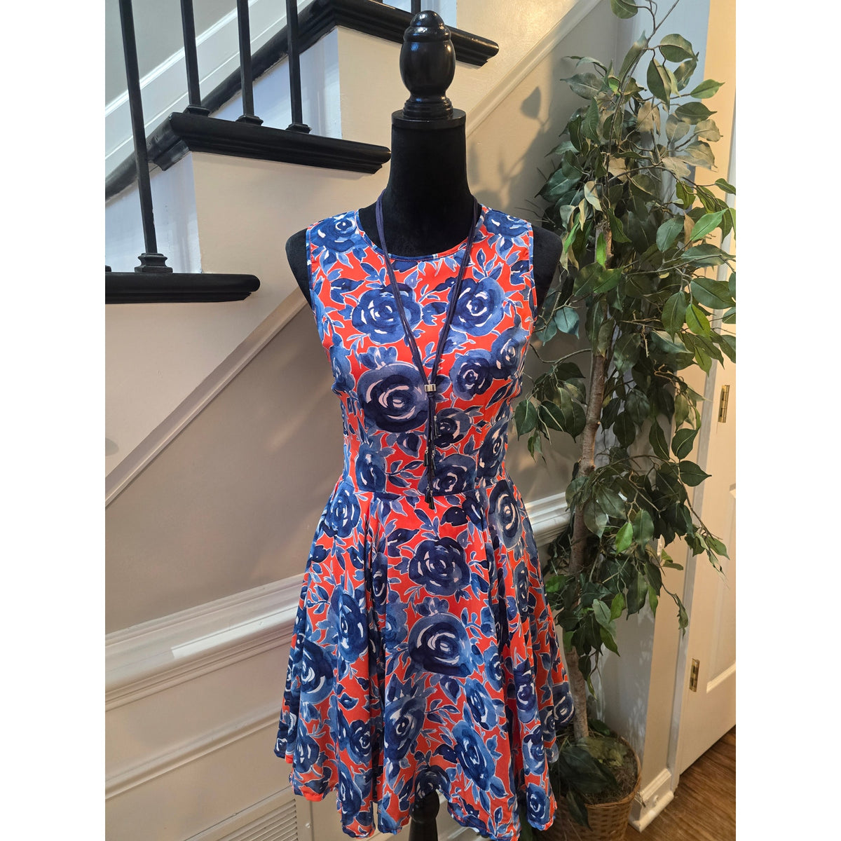 Maison Jules Skater Dress Women's Dress Small Red/Blue Floral Lined Back Zipper
