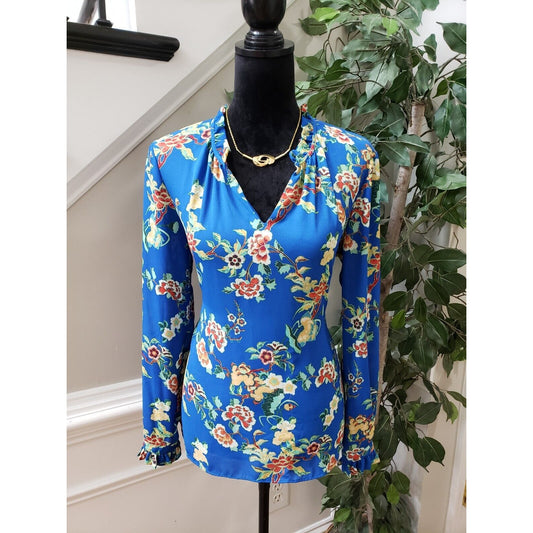 Rose & Olive Women's Blue Floral 100% Polyester V-Neck Long Sleeve Top Blouse M