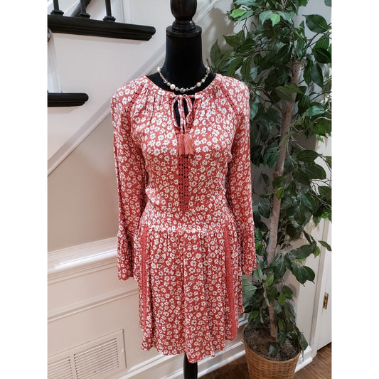 American Rag Cie Women Brown Floral Rayon V-Neck Long Sleeve Knee Length Dress L