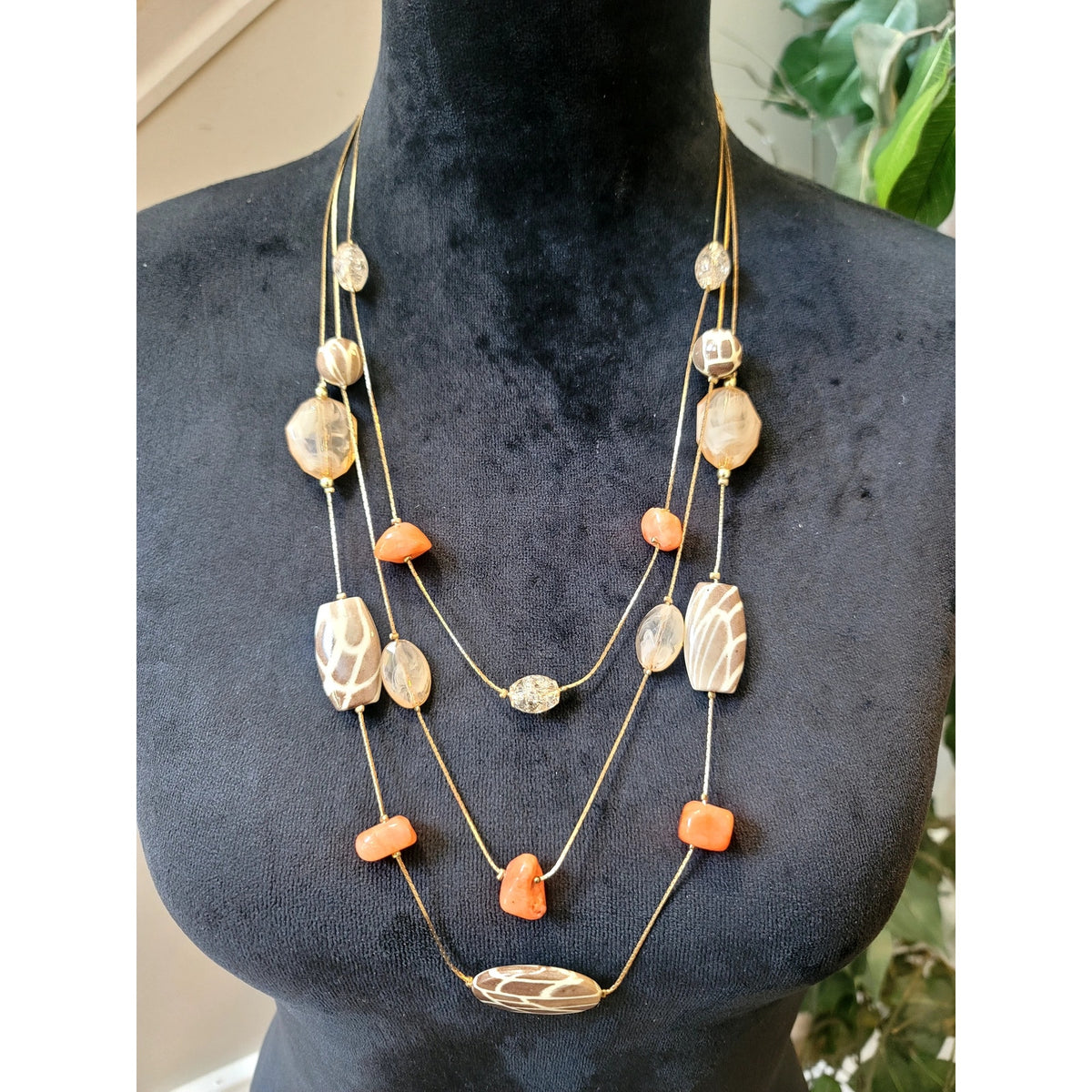 Multi Strand Earth Tone Beaded Necklace Brown Orange Tribal Boho Statement