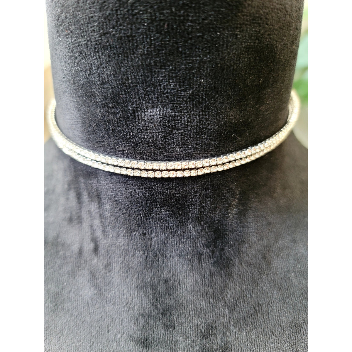 Silver Tone Double Row Rhinestone Choker Necklace Dainty Minimalist Collar