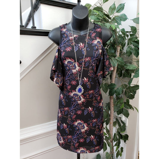 Free Press Women Black Floral Cold Shoulder Sleeve Knee Length A Line Dress XS