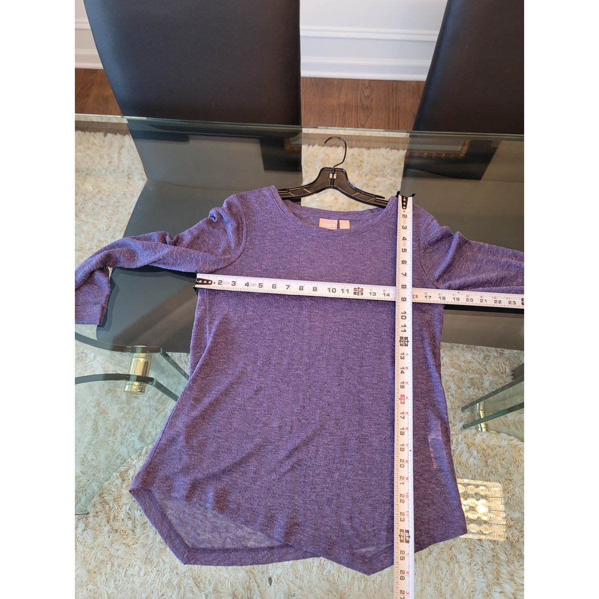 Chico's Sweater 0/S Purple Stretch Knit Scoop Long Sleeve Asymmetric Hem Pullover