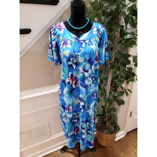 Ekouaer Womens Blue Floral Polyester Round Neck Short Sleeve Knee Length Dress L
