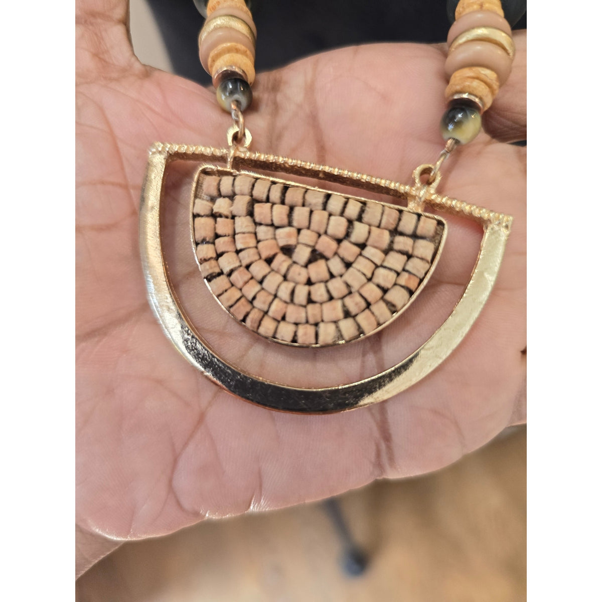 C 1946 Long Multicolor Beaded Necklace Gold Tone Geometric Pendant