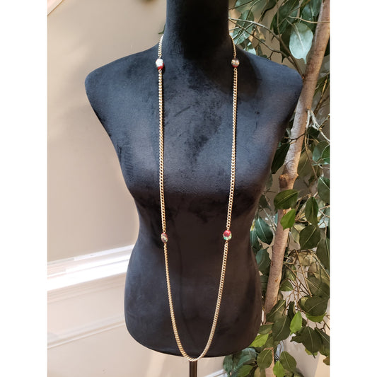 Womens Fashion Gold Tone Agate Stones Station Curb Chain Long Necklace Jewelry
