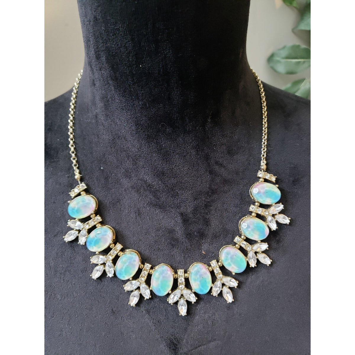 Women's Opal Statement Necklace White Crystal Gold Chain Lobster Clasp Elegant