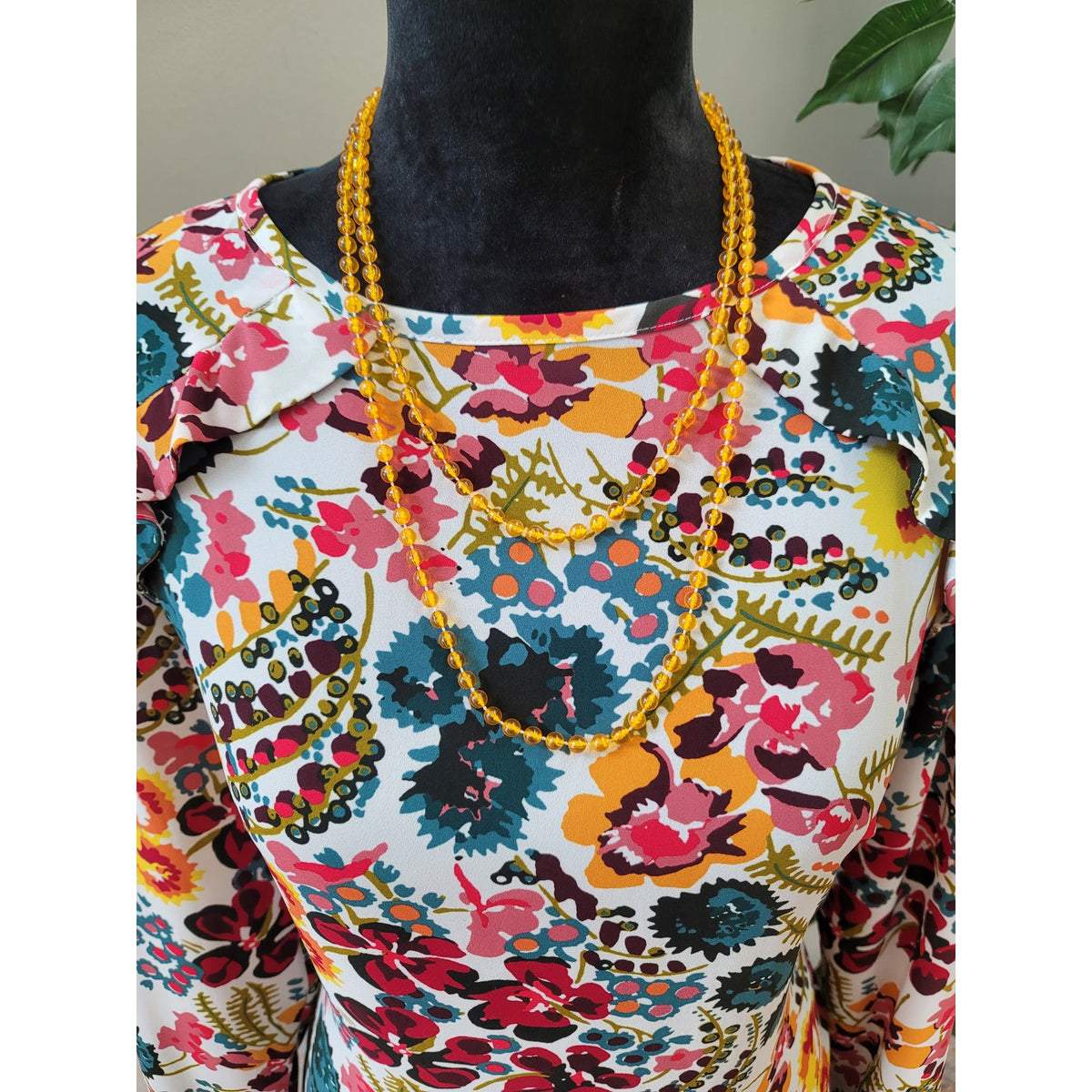 Loft Blouse SP Multi Floral Ruffle Detail Crew Curved Hem Long Sleeve Pullover