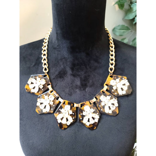 Women's Statement Tortoise Resin Necklace with Crystals Lobster Clasp Chain