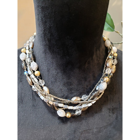 Women's Multistrand Beaded Necklace Neutral Tone Crystal Lobster Clasp