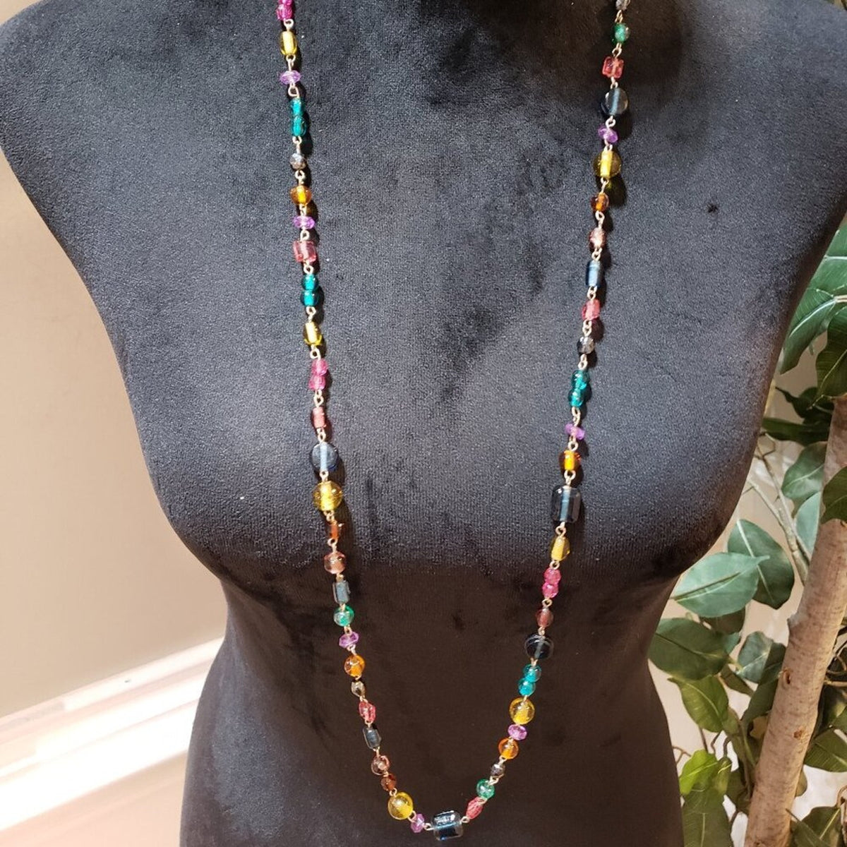 Womens Fashion Silver Tone Multi Color Glass Beads Long Necklace with Lobster