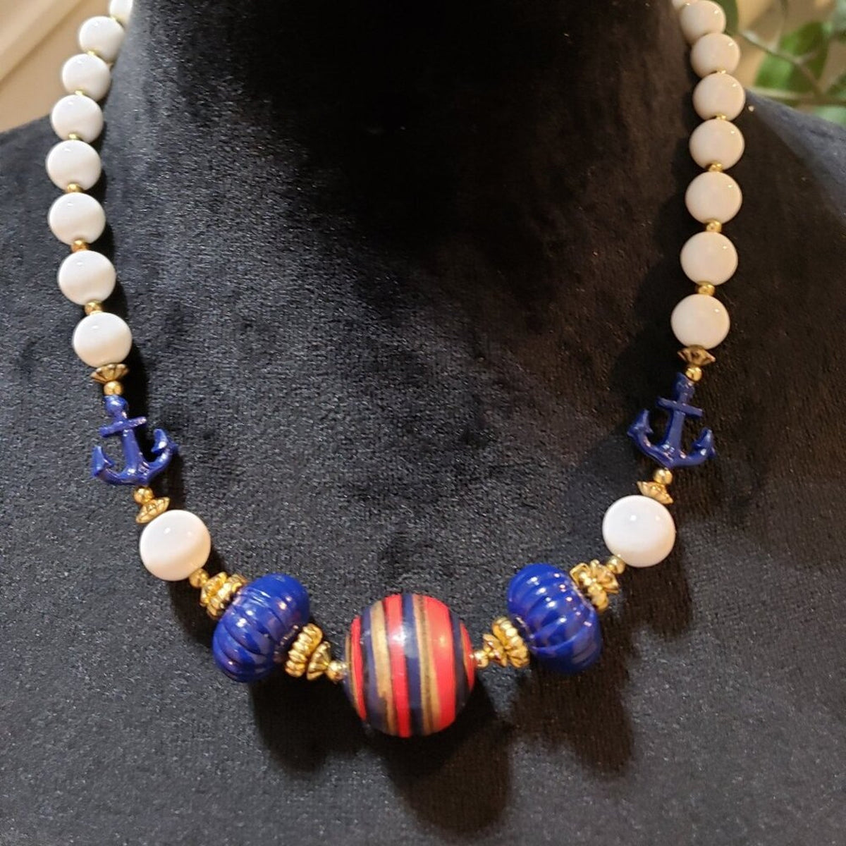 Womens Fashion White Pearl Blue Bead & Anchor Collar Necklace with Barrel Clasp