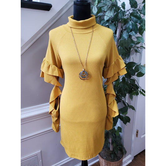 Gyahn Class Women's Yellow Polyester High Neck Long Sleeve Knee Length Dress S