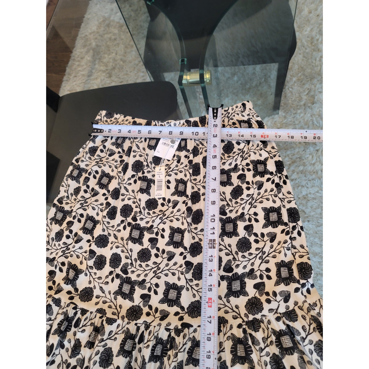 Max Studio A-Line Maxi Skirt Women's Large Cream/Black Floral Pleated Stretch