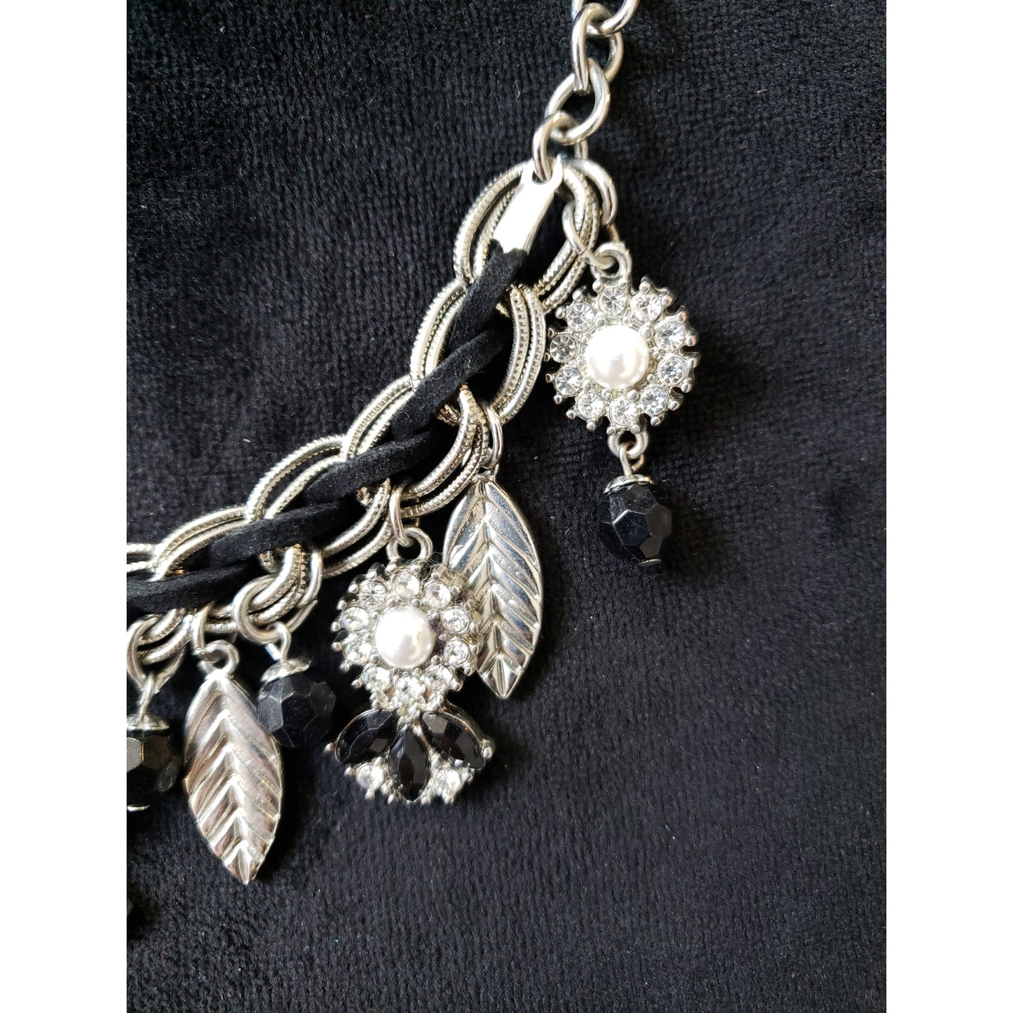 Women's Silver Black Statement Necklace Leaf Charm Crystal Beaded Chain