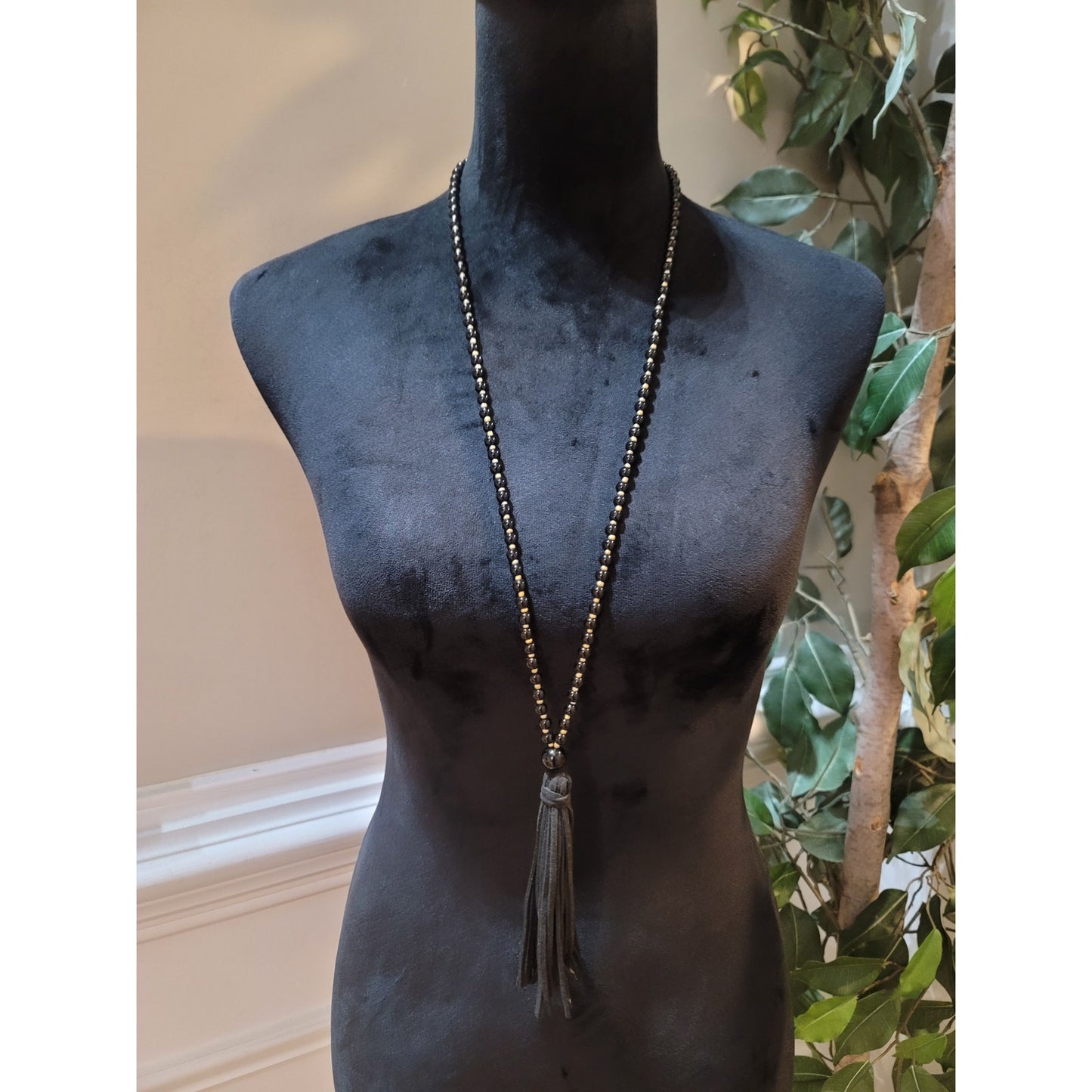 Women's Black Beaded Necklace With Gold Accents Tassel Pendant Lobster Clasp