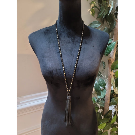 Women's Black Beaded Necklace With Gold Accents Tassel Pendant Lobster Clasp