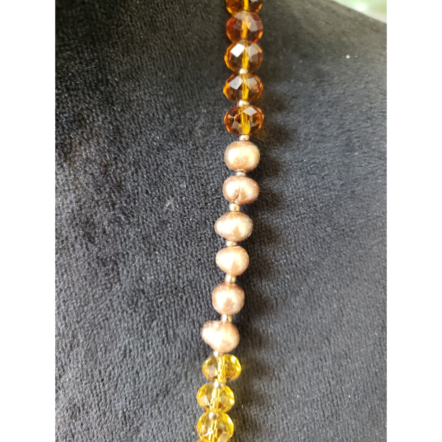 Vintage Amber Yellow Brown Beaded Necklace Faceted Glass & Faux Pearls