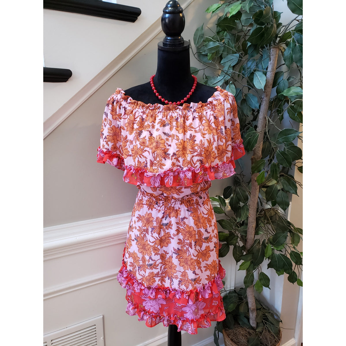 Jessica Simpson Mini Dress Women M Pink Orange Floral Ruffle Off The Shoulder