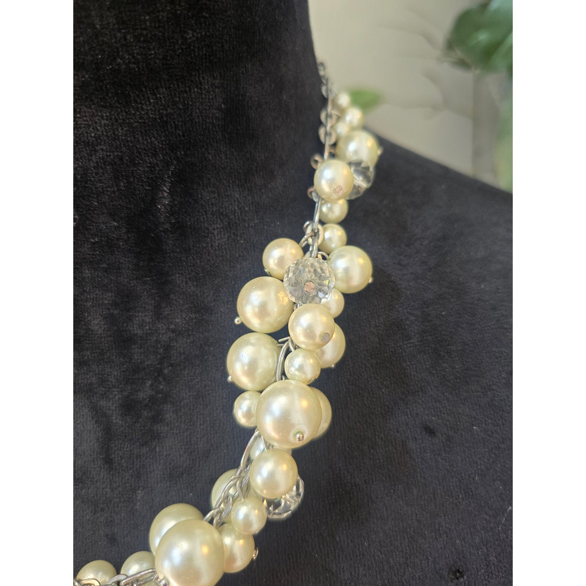Cream Faux Pearl Silver Tone Multi Strand Statement Necklace