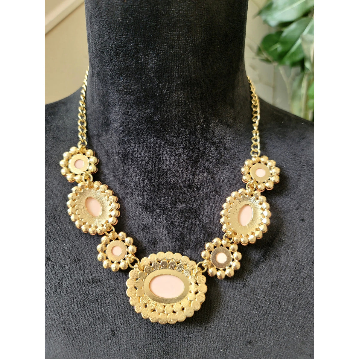 Peach Blush Beaded Cabochon Statement Necklace Gold Tone