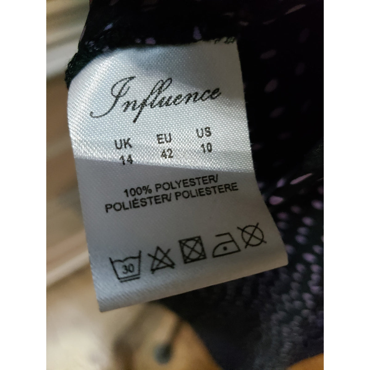 Influence Dress Women Size 10 Black Purple Polka Dot Wrap Tie Waist V Neck