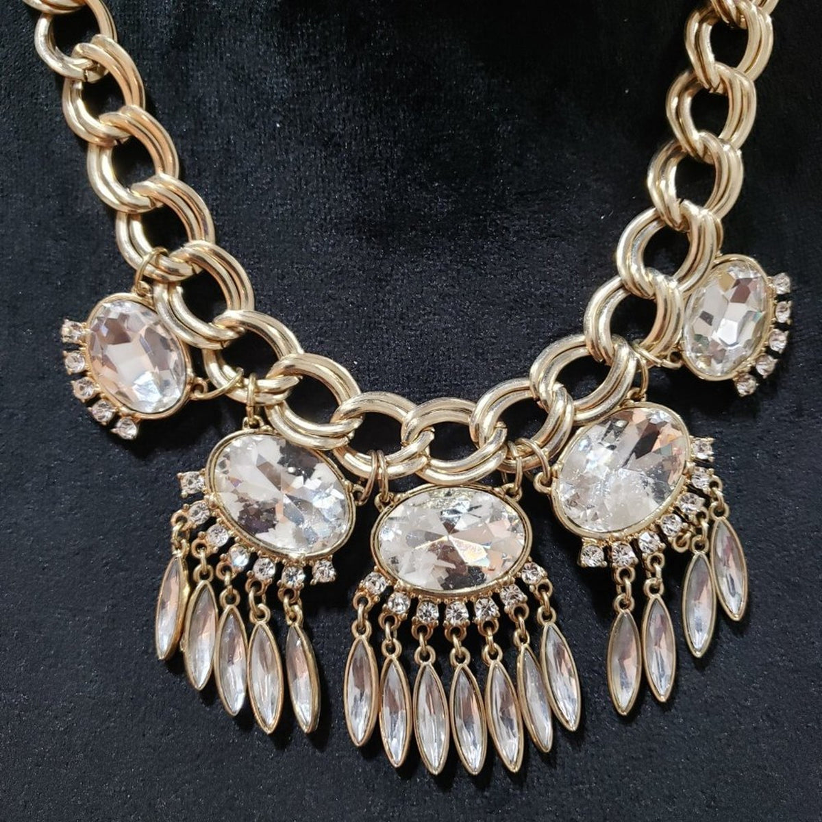 Women Fashion Rhinestone Linked Gold Chain Statement Necklace with Lobster Clasp