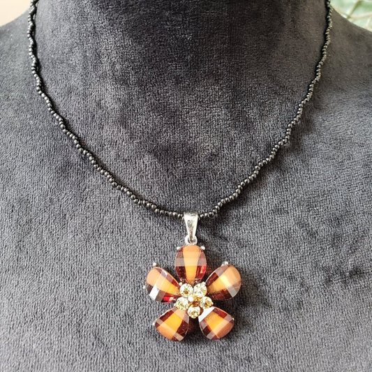 Women's Silver Plated Crystal Orange Citrine Flower Pendant Necklace w/ Lobster