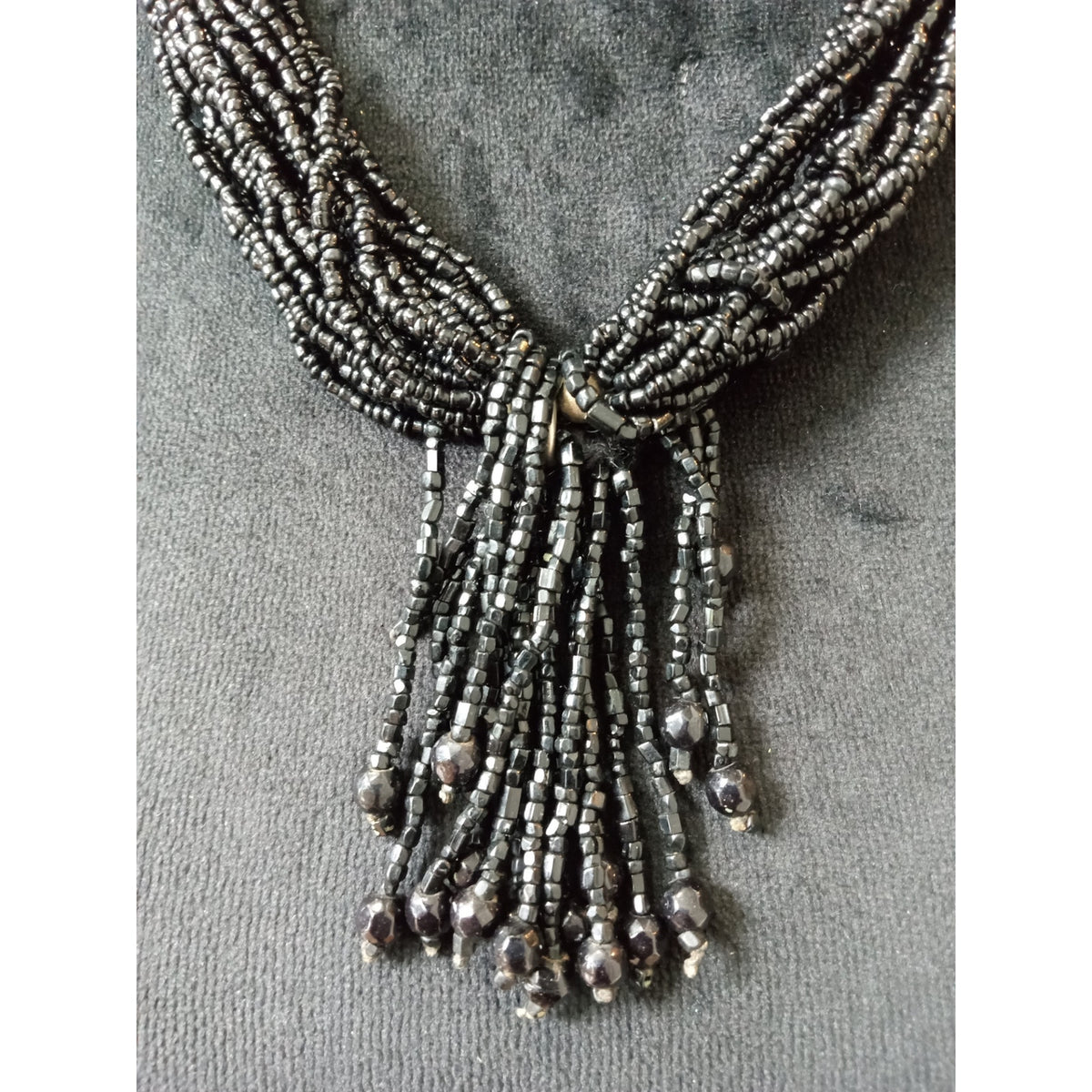 Black Multi Strand Seed Bead Necklace Twisted Tassel Statement Bib Collar