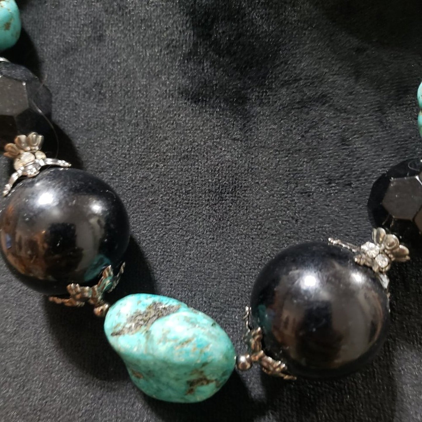 Womens Blue Black Turkey Turquoise Round Onyx Beads Gems Stone Necklace