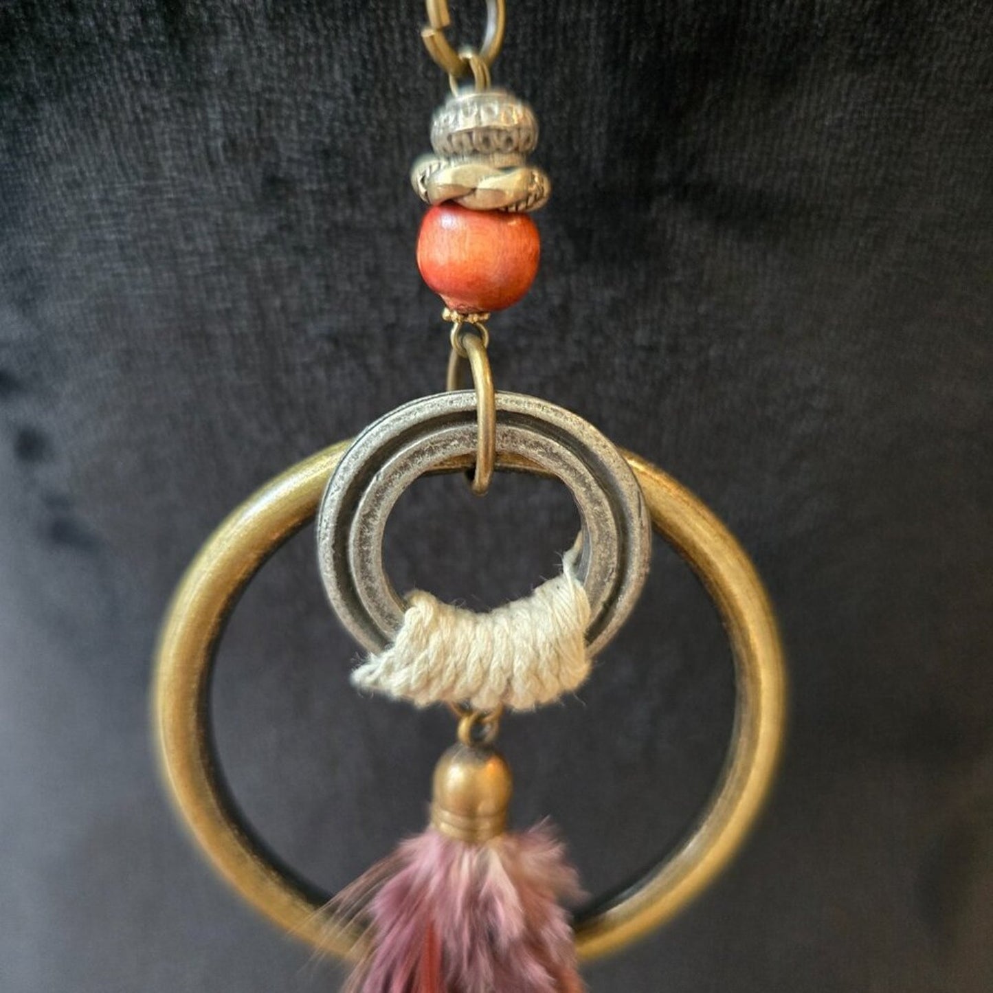 Women Fashion Gold Tone Ring Feathers Tassel Black Braided Rope Necklace Jewelry