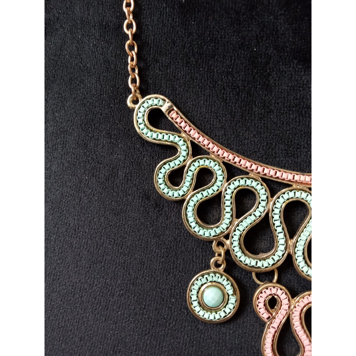 Vintage Gold Tone Scroll Statement Necklace Faux Pearl Dangle Victorian Style