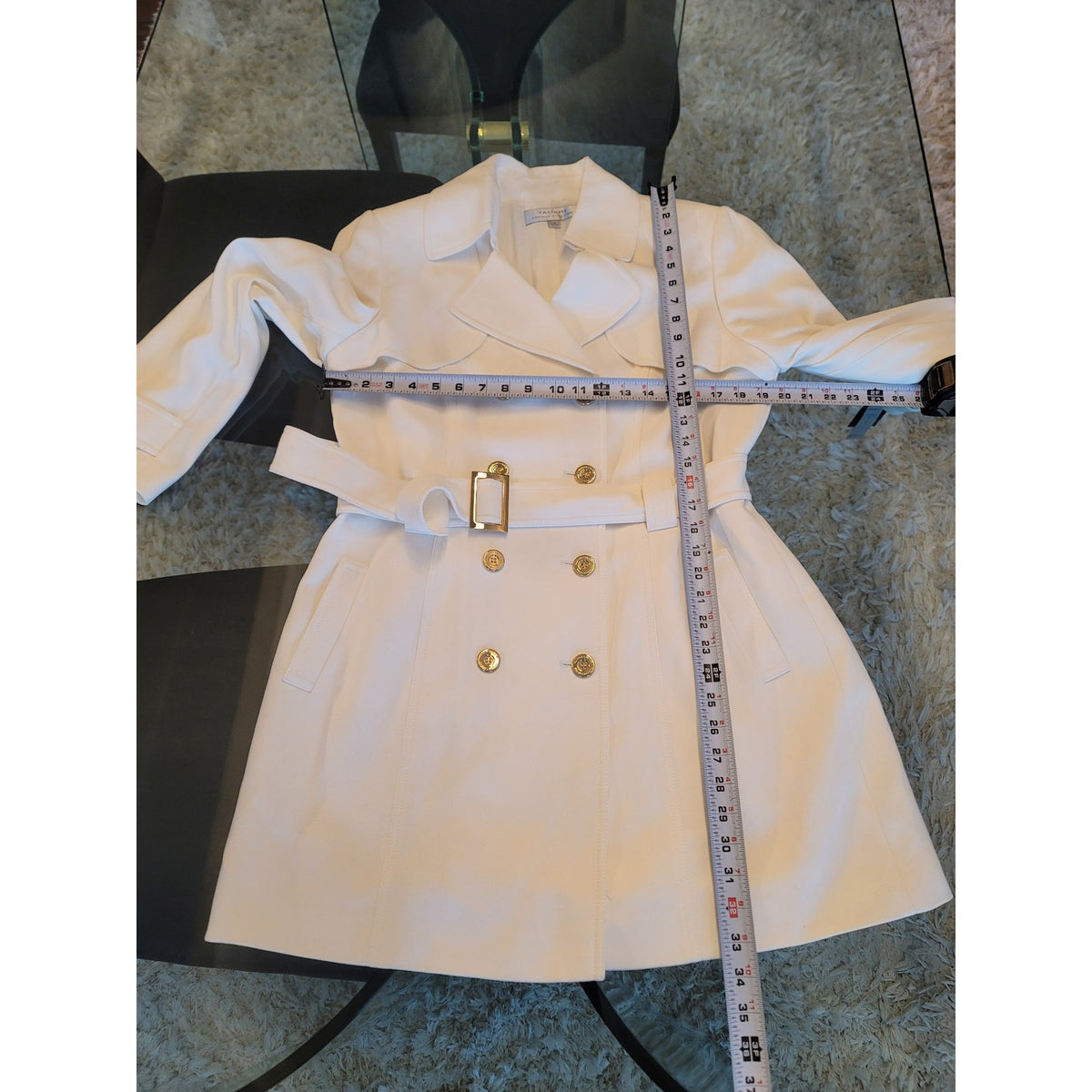Tahari Trench Coat Womens SZ 12 White Double Breasted Buttons Belted Long Sleeve