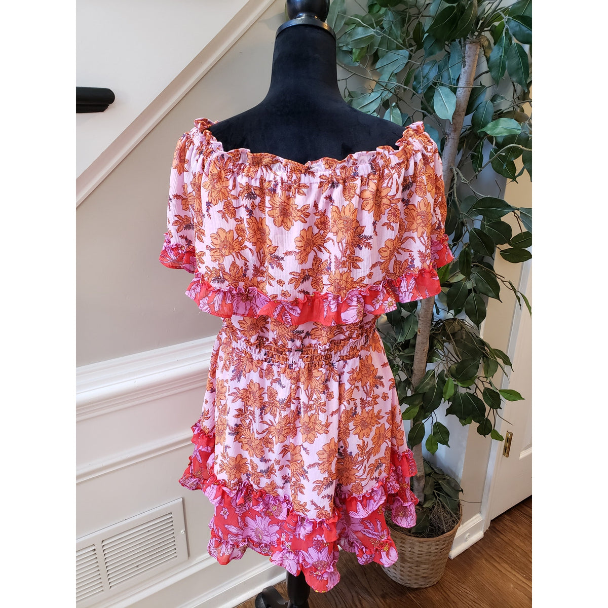 Jessica Simpson Mini Dress Women M Pink Orange Floral Ruffle Off The Shoulder