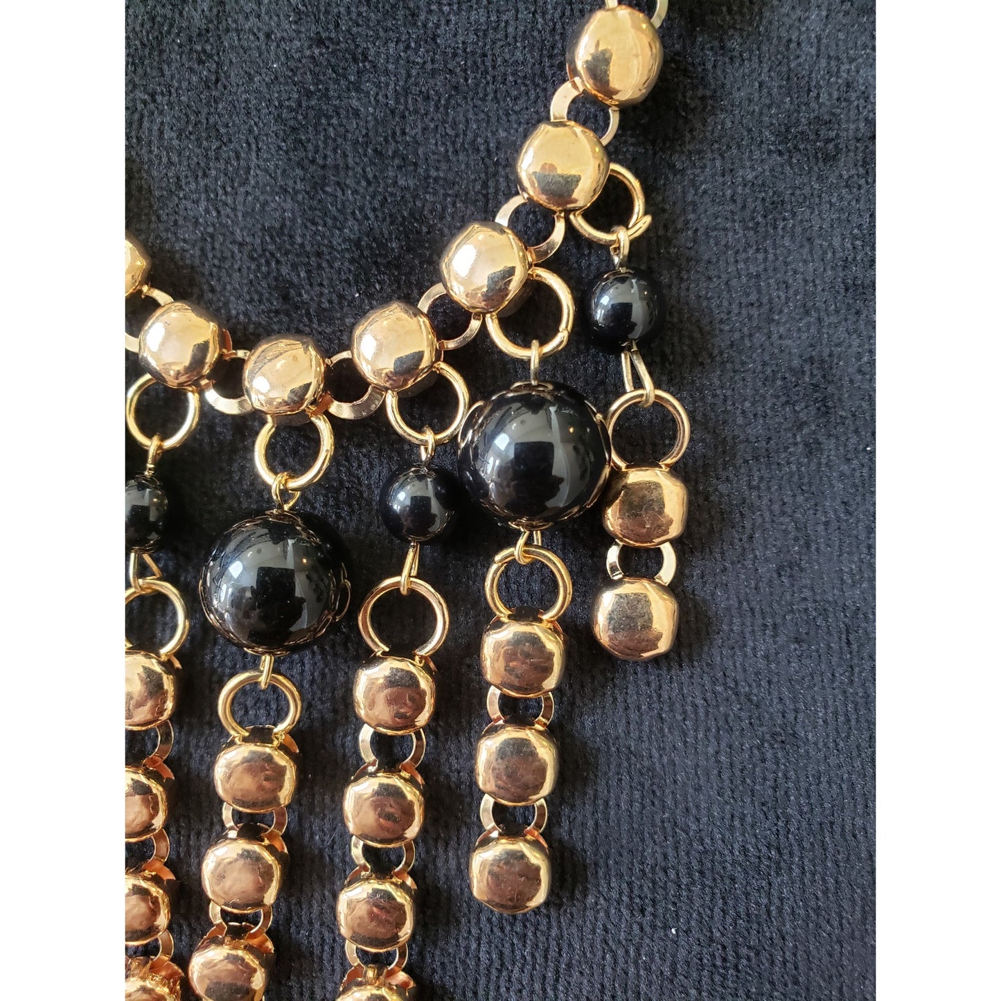 Women Gold Tone Black Beads Waterfall Gothic Style Statement Necklace w/ Lobster