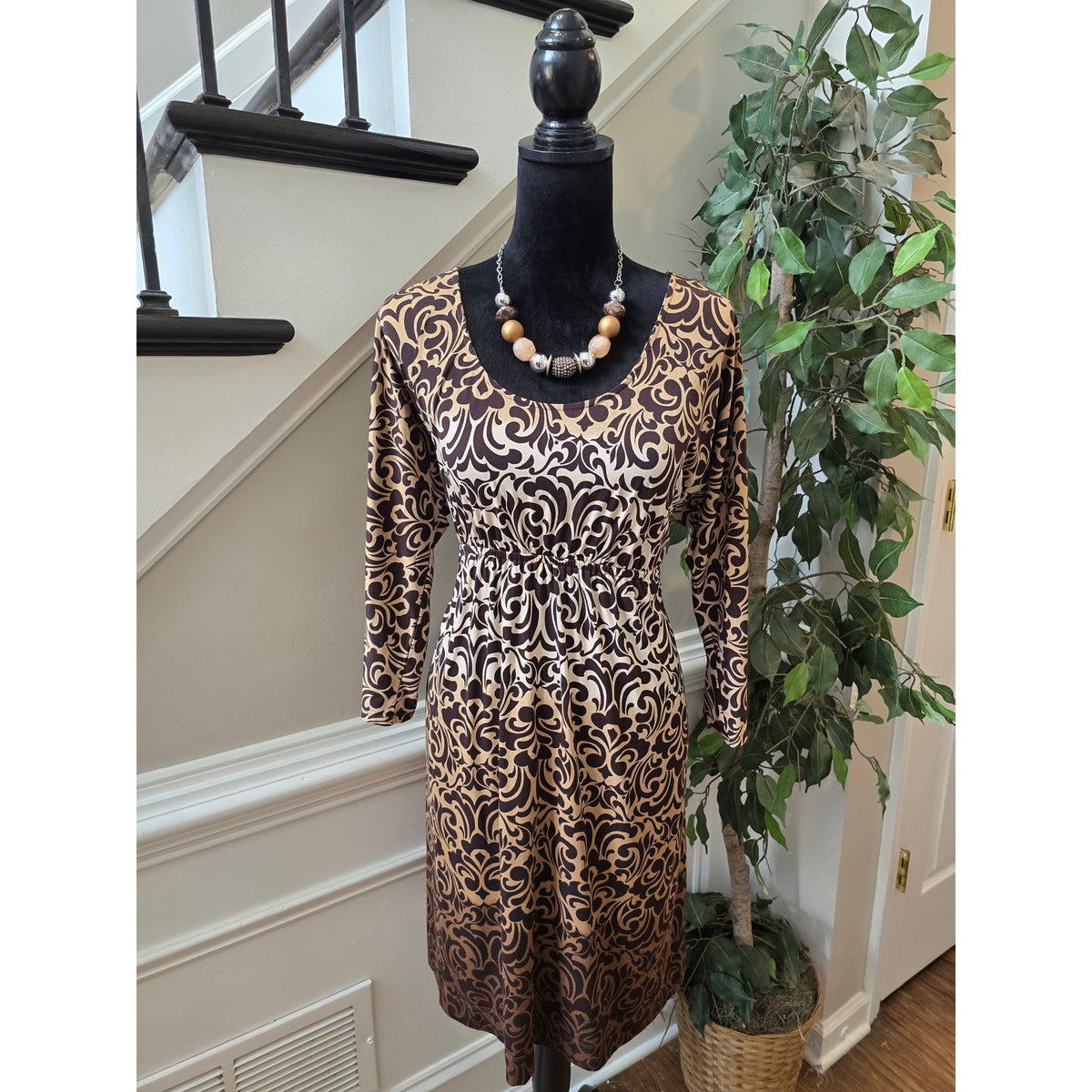 Soma Fit & Flare Dress XL Brown Beige Floral Scoop Dolman Sleeve Casual Pullover