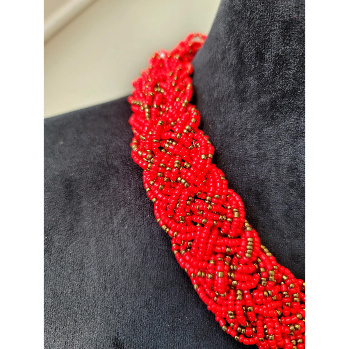 Women Handmade Red Seed Bead Braided Choker Necklace Statement Jewelry Gift