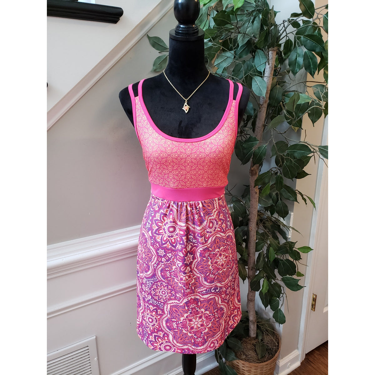 Tehama Tank Dress Women Medium Pink Purple Floral Cross Back Strap Empire Waist