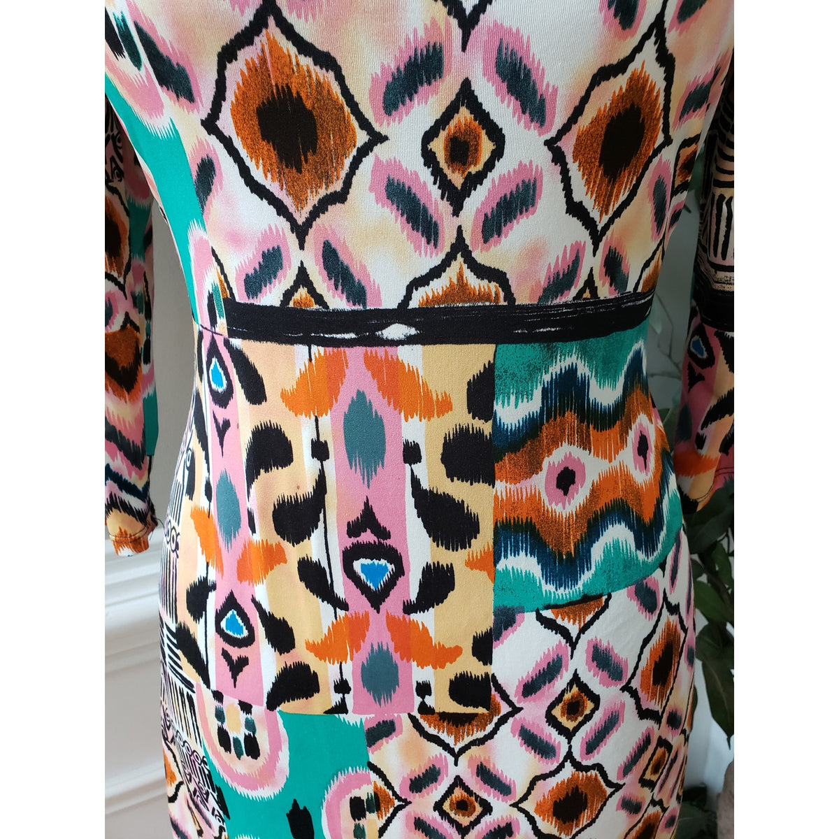 Signature by Robbie Bee Shift Dress Womens M Multi Geo Print Stretch Boat Neck