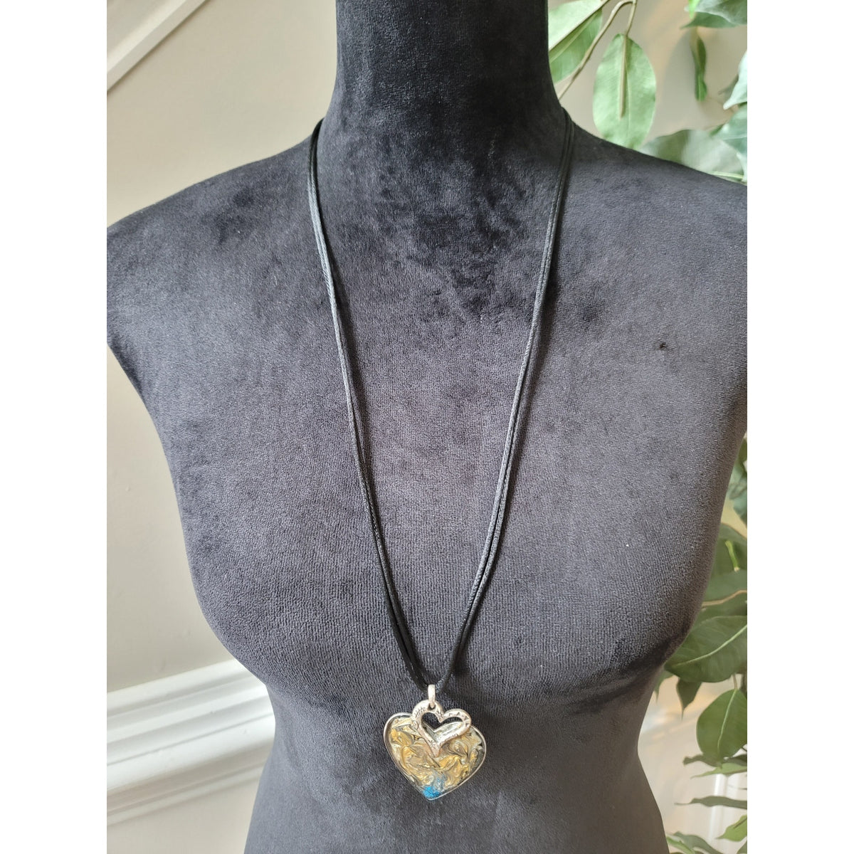 Chico's Women's Heart Pendant Necklace With Lobster Clasp Black Cord Jewelry
