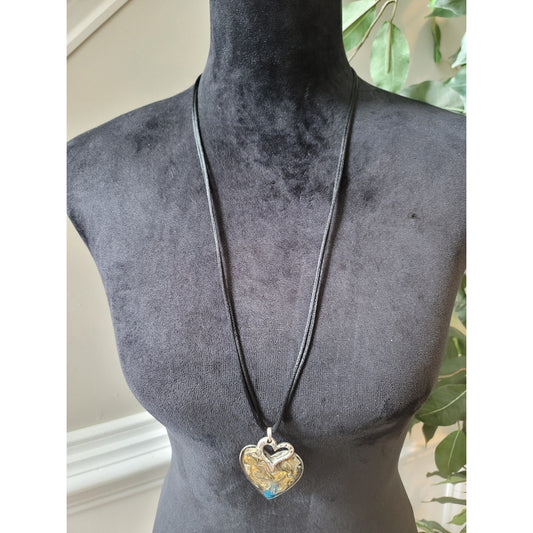 Chico's Women's Heart Pendant Necklace With Lobster Clasp Black Cord Jewelry