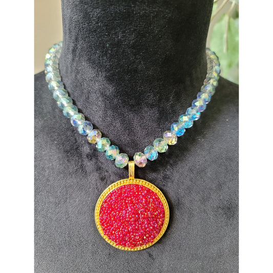 Women's Crystal Beaded Necklace With Red Pendant And Gold Toggle Lock Jewelry