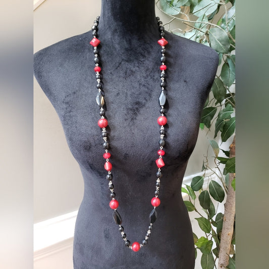 Womens Black Red Lucite Bead & Silver Tone Spacer Long Necklace w/ Lobster Clasp