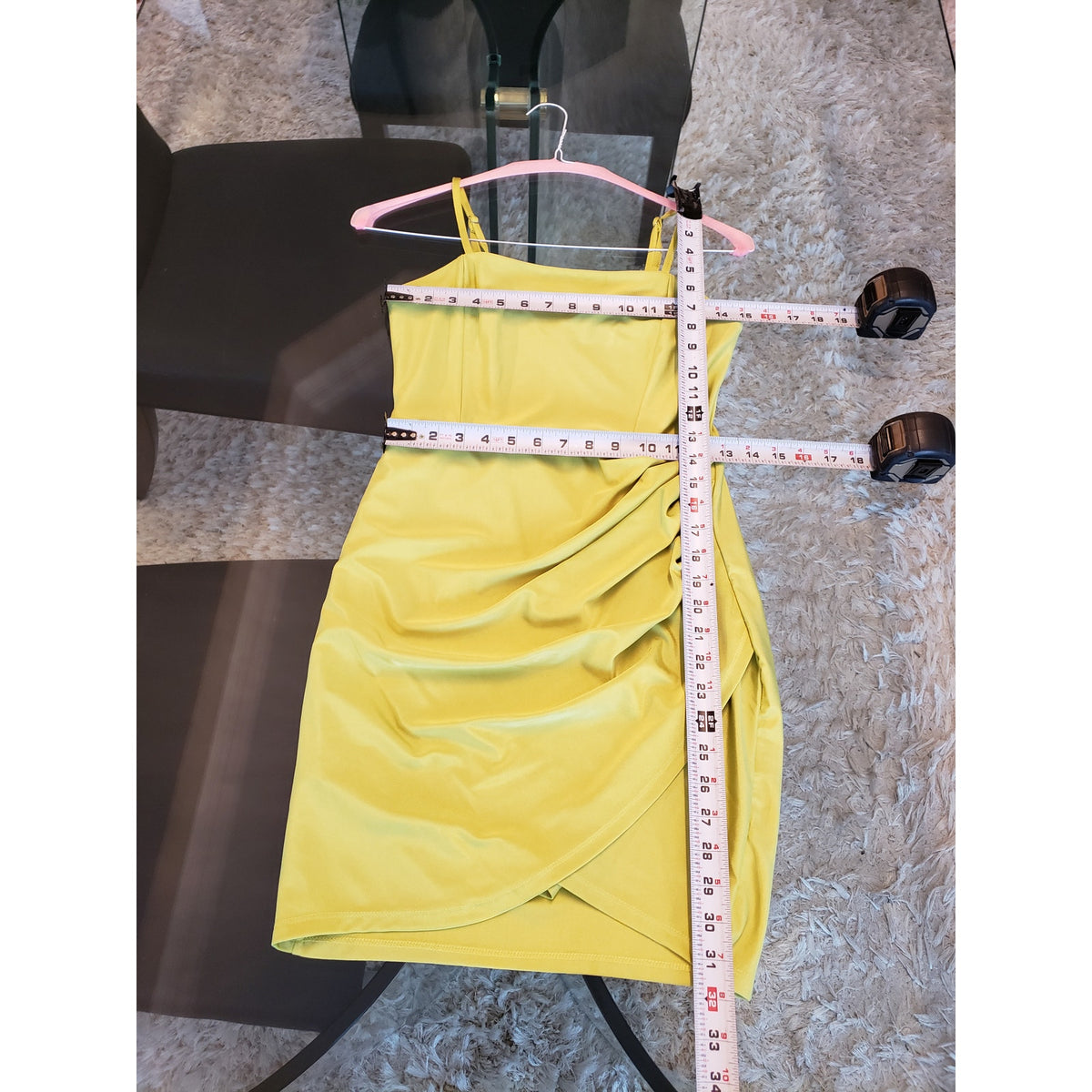 Blaishe Mini Bodycon Dress Womens Medium Lime Green Satin Faux Wrap Square Neck
